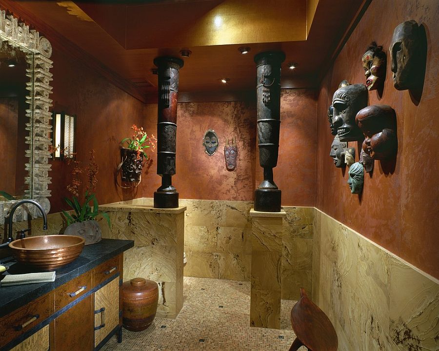 Pacific-Island-masks-and-African-drums-create-a-fascinatingly-unique-powder-room