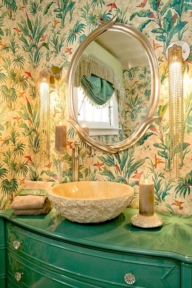 Tropical-powder-room-with-turquoise-vanity-glittering-lighting-and-bold-wallpaper