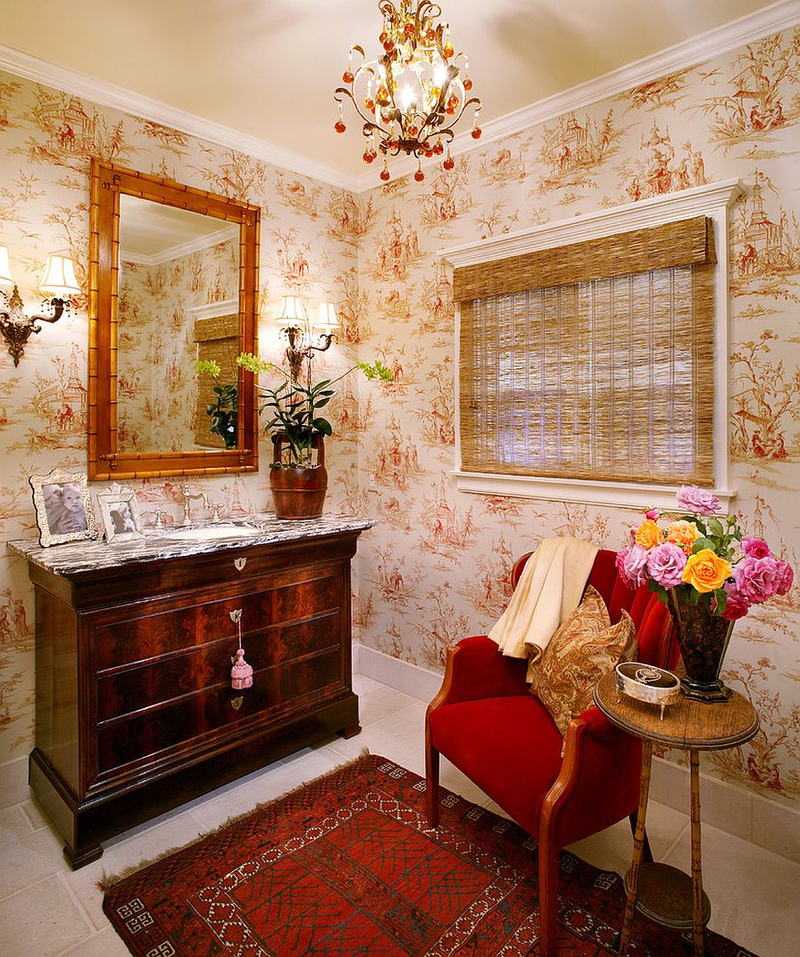 Window-blind-bamboo-mirror-frame-and-wallpaper-set-the-mood-in-this-powder-room